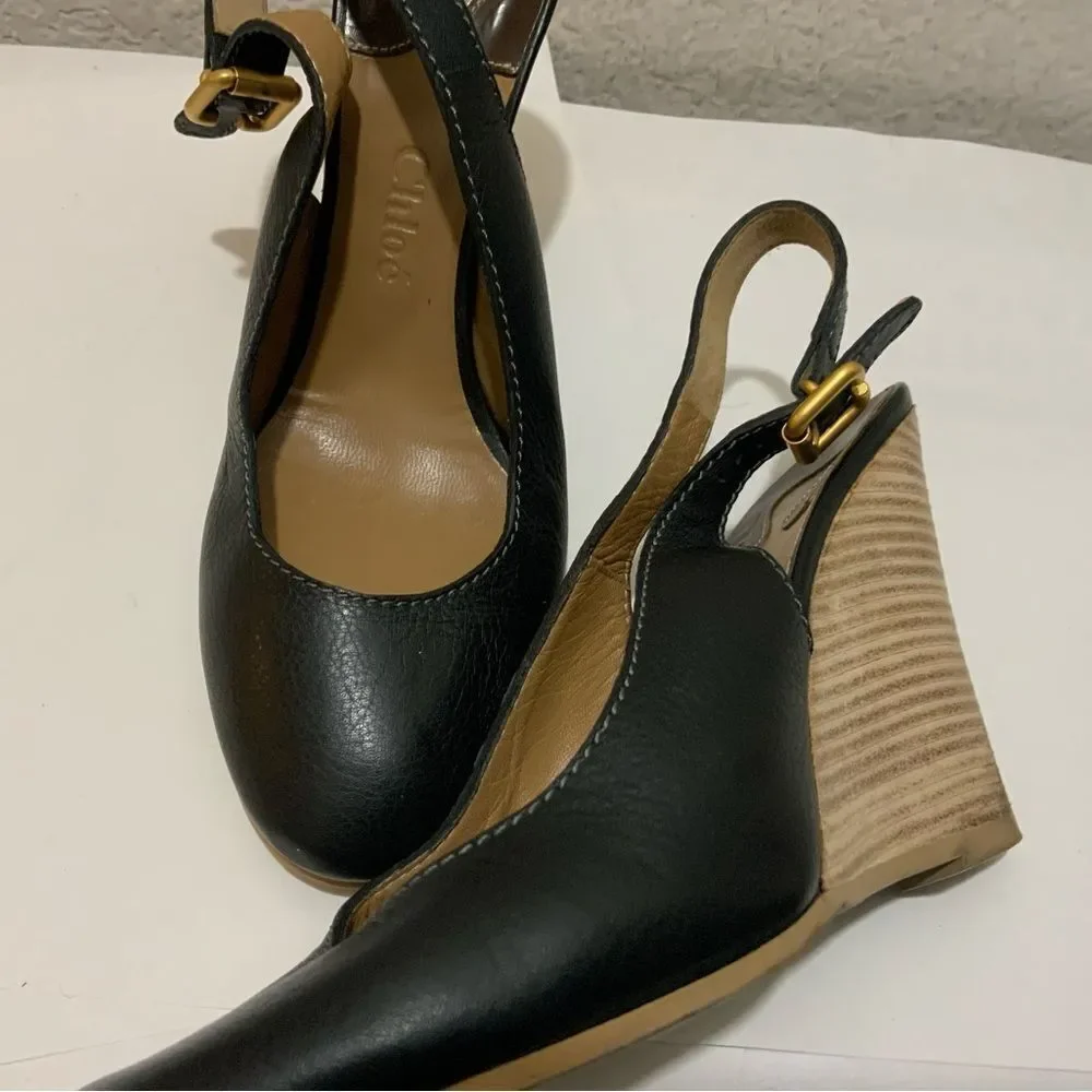 Chloé Leather Slingback Leather Wedge Ankle Pumps In Black 39.5 Italy